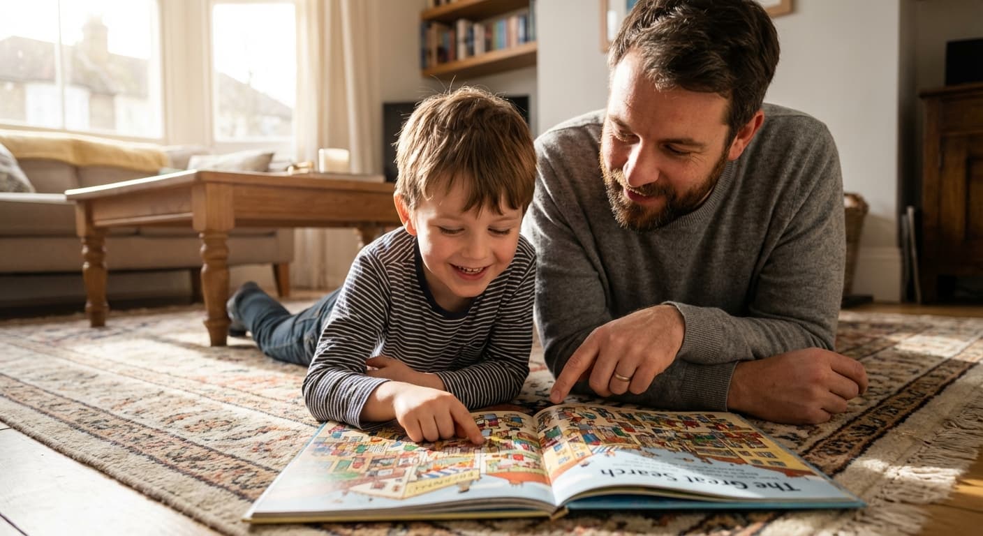 Dad and son searching for characters in their Spotli book